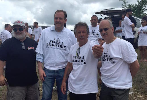 Congressman Lee Zeldin at Sunday's rally at Riverhead Raceway with, from left, Nick Filippides, John Cozzali and Mike Scano. Photo: Facebook/L.I. Needs a Drag Strip