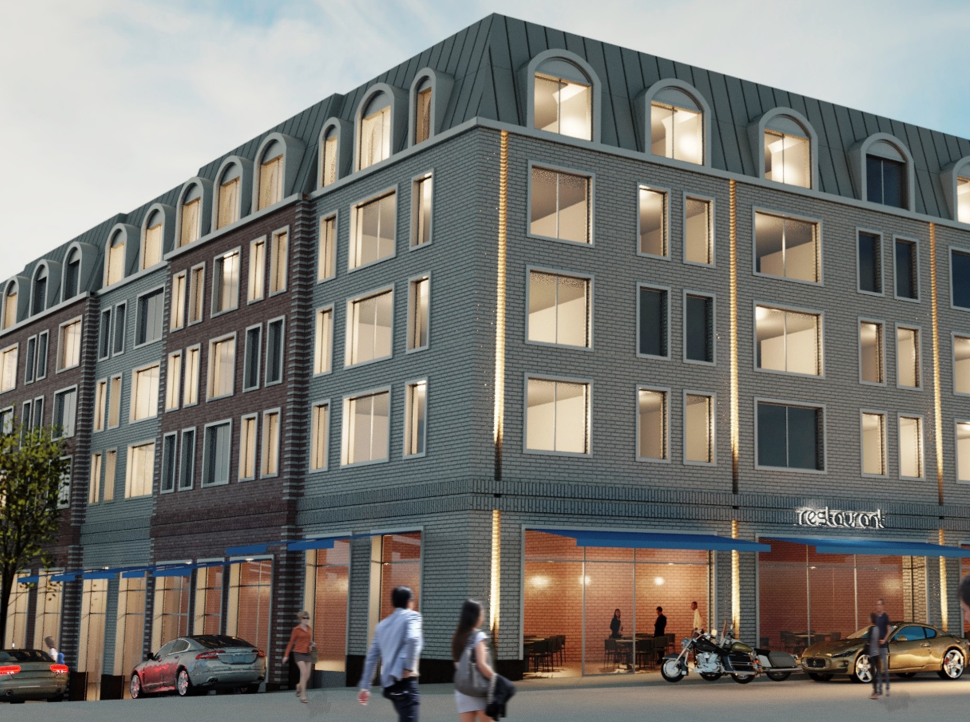 Rendering showing the corner of East Main Street and McDermott Avenue. Architectural renderings by Stephen B. Jacobs Group PC 