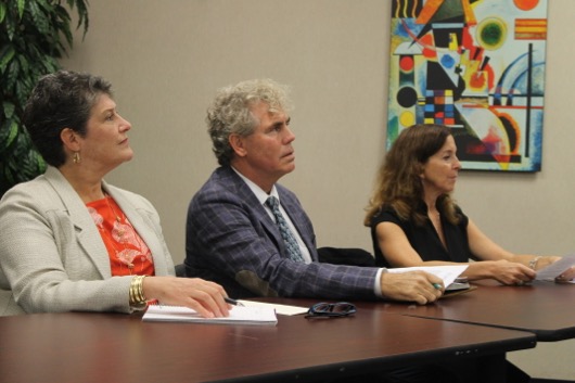 Louise Harrison of Save the Sound, Kevin McAllister of Defend H20 and Adrienne Esposito of Citizens Campaign for the Environment posed questions to candidates Lee Zeldin and Anna Throne-Holst at the NYLCV's Oct. 18 forum in Riverhead. Photo: Denise Civiletti