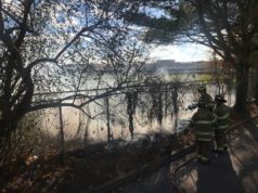 Smoky brush fire next to Riverhead High School is quickly extinguished by firefighters Monday