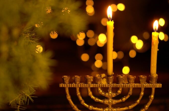 The First Night of Hanukkah. One light in the menorah. Chanukah is the Jewish Festival of Lights