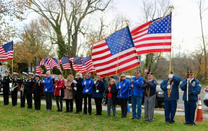 Members of Riverhead American Legion Post 273, VFW Post 2476, the VFW Auxiliary, and Riverhead High School’s NJROTC Color Guard participated in Tuesday’s ceremony honoring the nation’s veterans. RiverheadLOCAL/Denise Civiletti