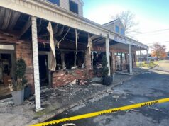 The scene of the fire at the pizzeria in Wading River Square Tuesday morning.
