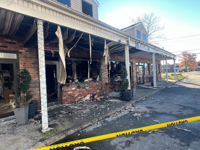 The scene of the fire at the pizzeria in Wading River Square Tuesday morning.