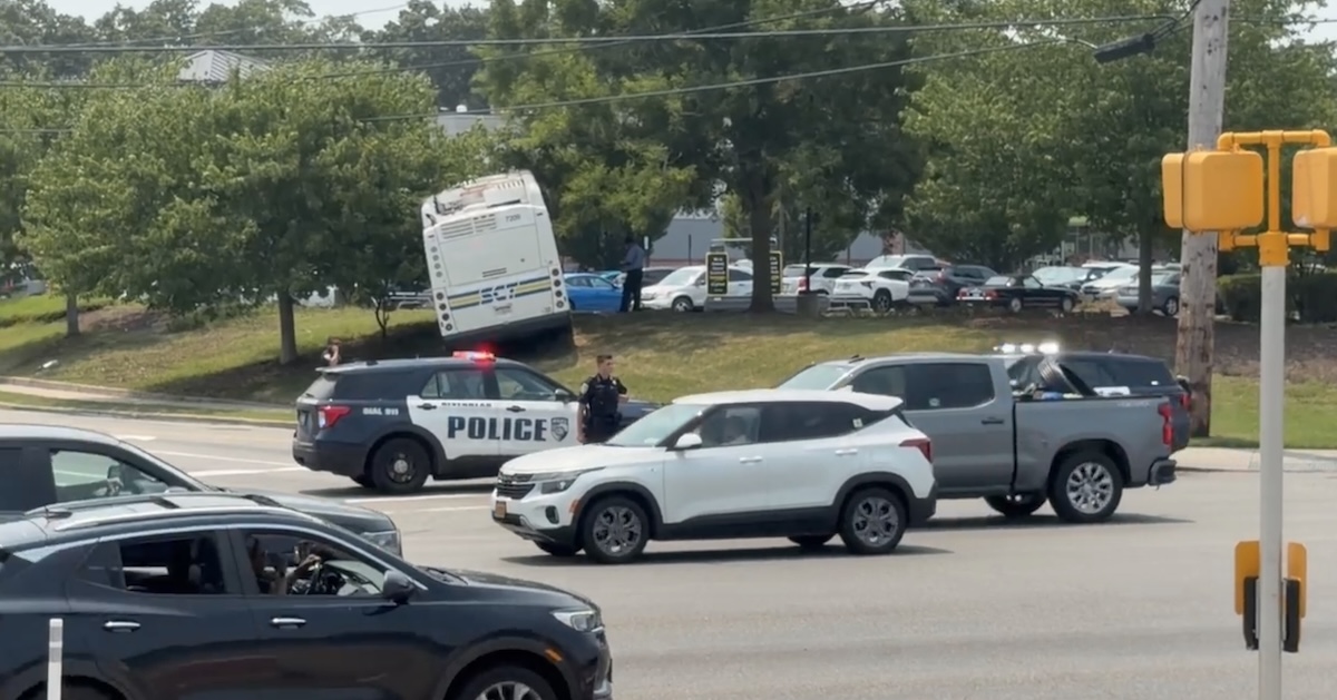 County transit bus runs off the road at intersection of Route 58 and Mill Road